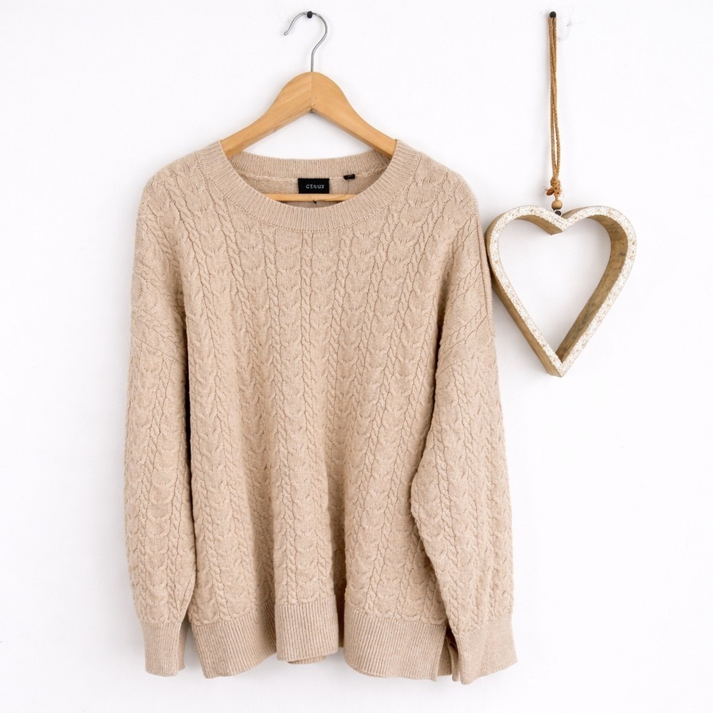 Cyrus Cable Knit Crew Neckline Sweater 1X Beige Quiet Luxury Coastal Minimalist